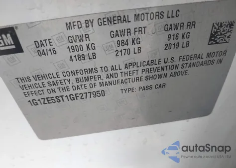 2016 Chevrolet Malibu 1Lt from USA, damaged, VIN 1G1ZE5ST1GF277950